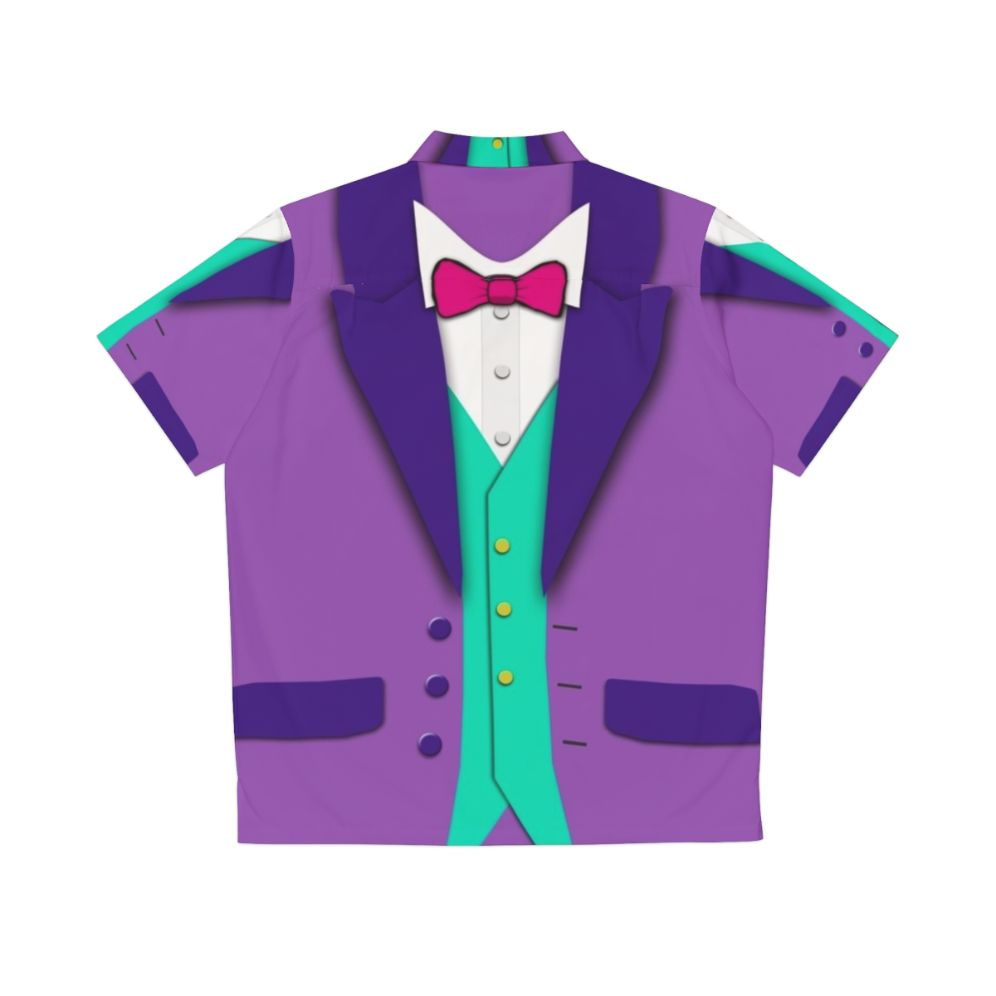 Formal purple Hawaiian shirt with tuxedo bowtie and vest - Back