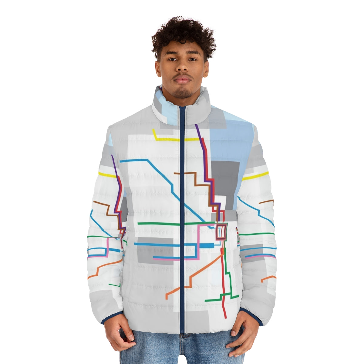 Chicago Transit Map Puffer Jacket with City Skyline - men front