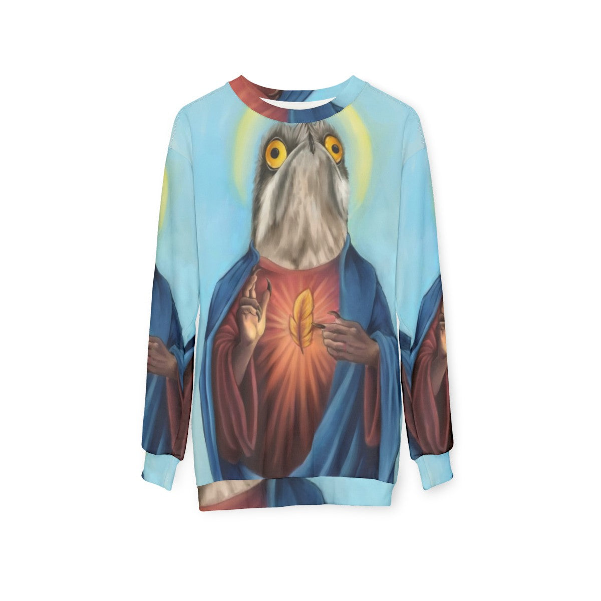 Potoo Bird Sweatshirt featuring unique bird art design - hanging