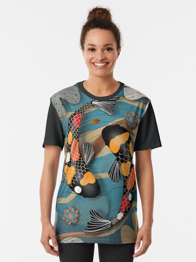 Koi fish swimming in a pond with a watergarden graphic design on a t-shirt - Women