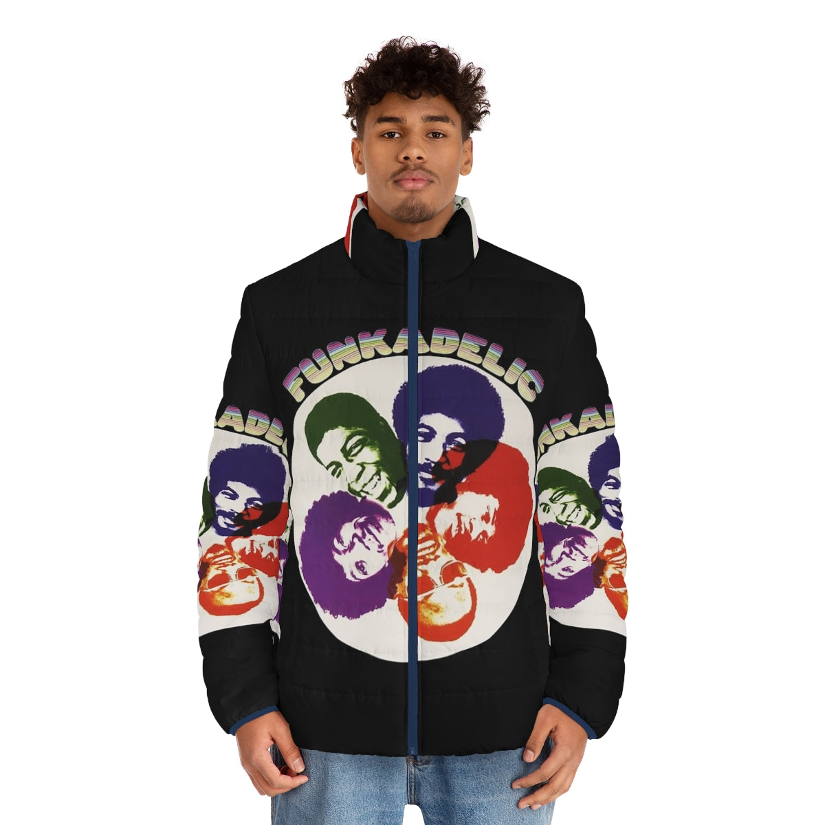 Funkadelic Parliament Band vintage puffer jacket with psychedelic and retro funk design - men front