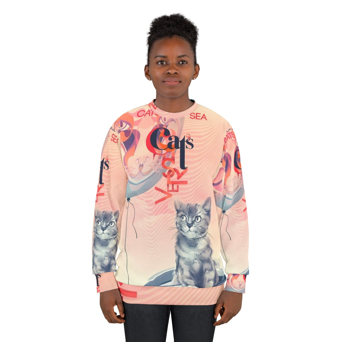 Sweatshirt with hand-drawn cat in a fantasy universe - women