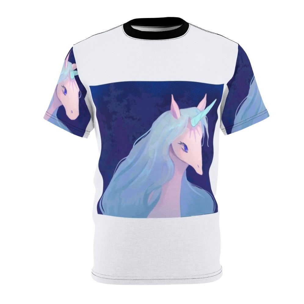 Whimsical illustration of the iconic unicorn from the classic fantasy film "The Last Unicorn" on a high-quality t-shirt.