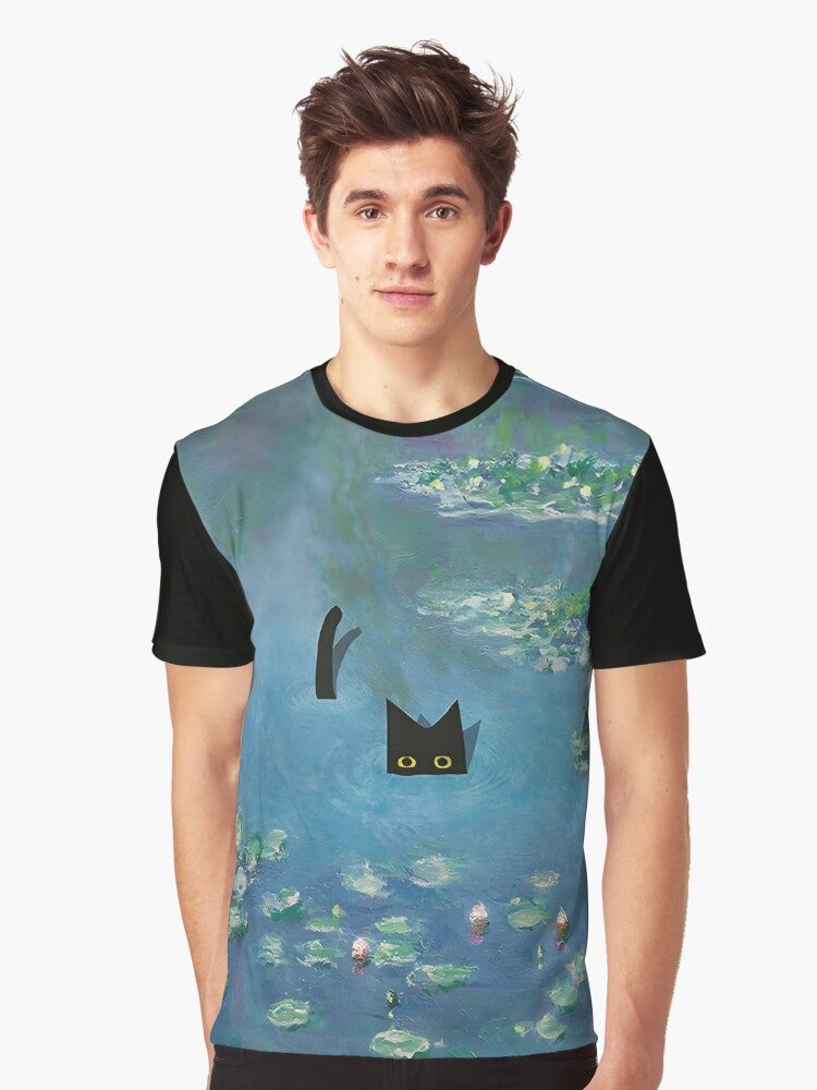 Claude Monet inspired water lily and cat graphic t-shirt design - Men