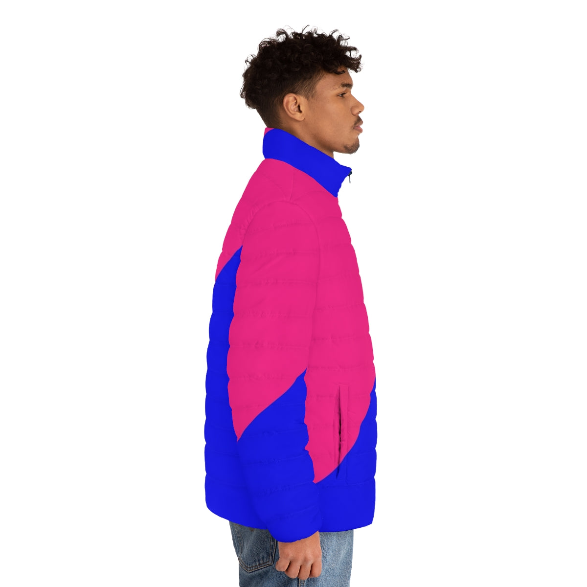 Woman wearing a pink and blue half and half puffer jacket by Enid Guinn for littlefluff545 - men side right