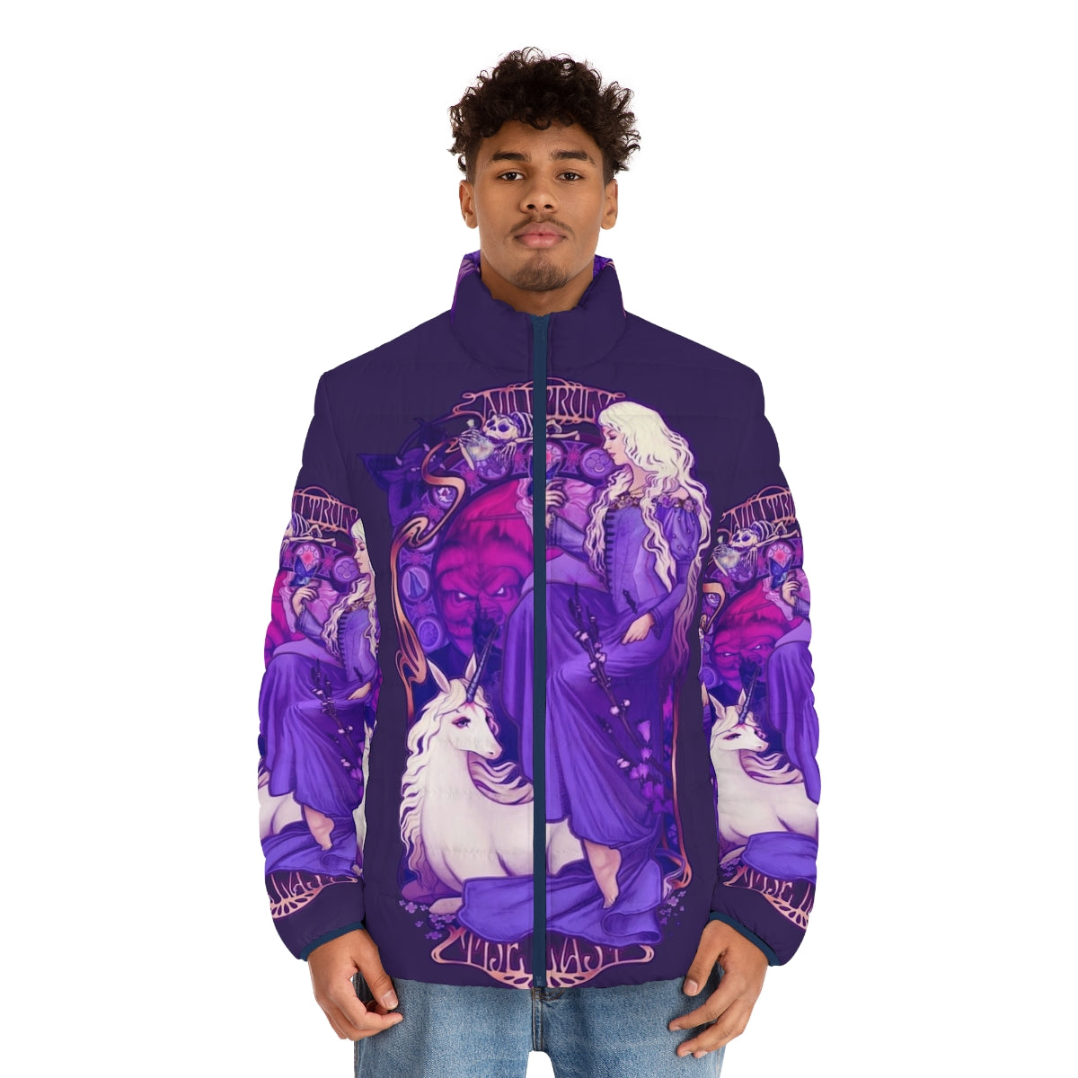 A puffer jacket with a retro, art nouveau-inspired unicorn design - men front