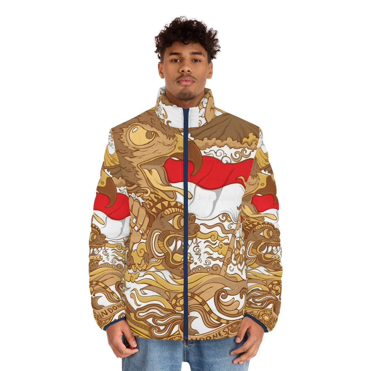 Indonesia puffer jacket featuring Garuda eagle and batik patterns - men front