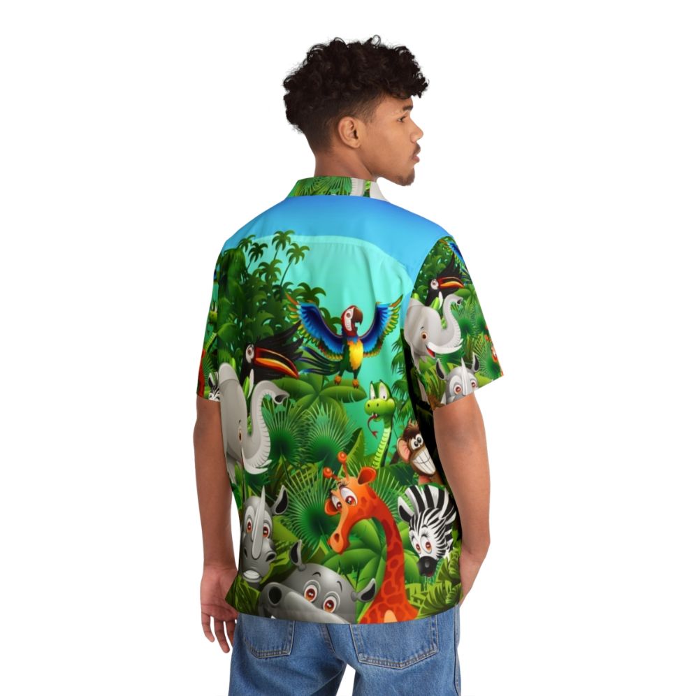 Vibrant Hawaiian shirt featuring a cartoon print of wild animals like elephants, lions, and monkeys in a lush jungle setting - People Back