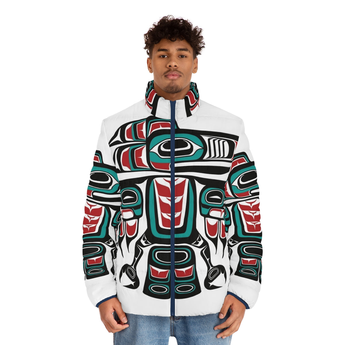 Haida Tlingit Native Raven Totem Puffer Jacket featuring traditional indigenous artwork - men front