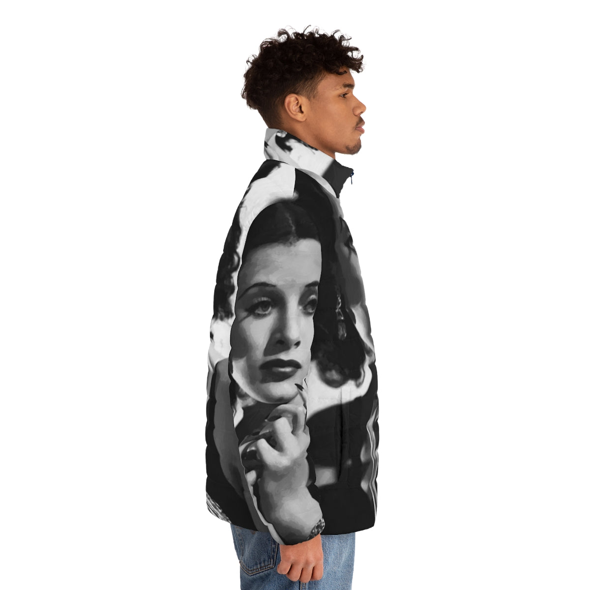 Vintage puffer jacket with a portrait of Hollywood actress and inventor Hedy Lamarr - men side right