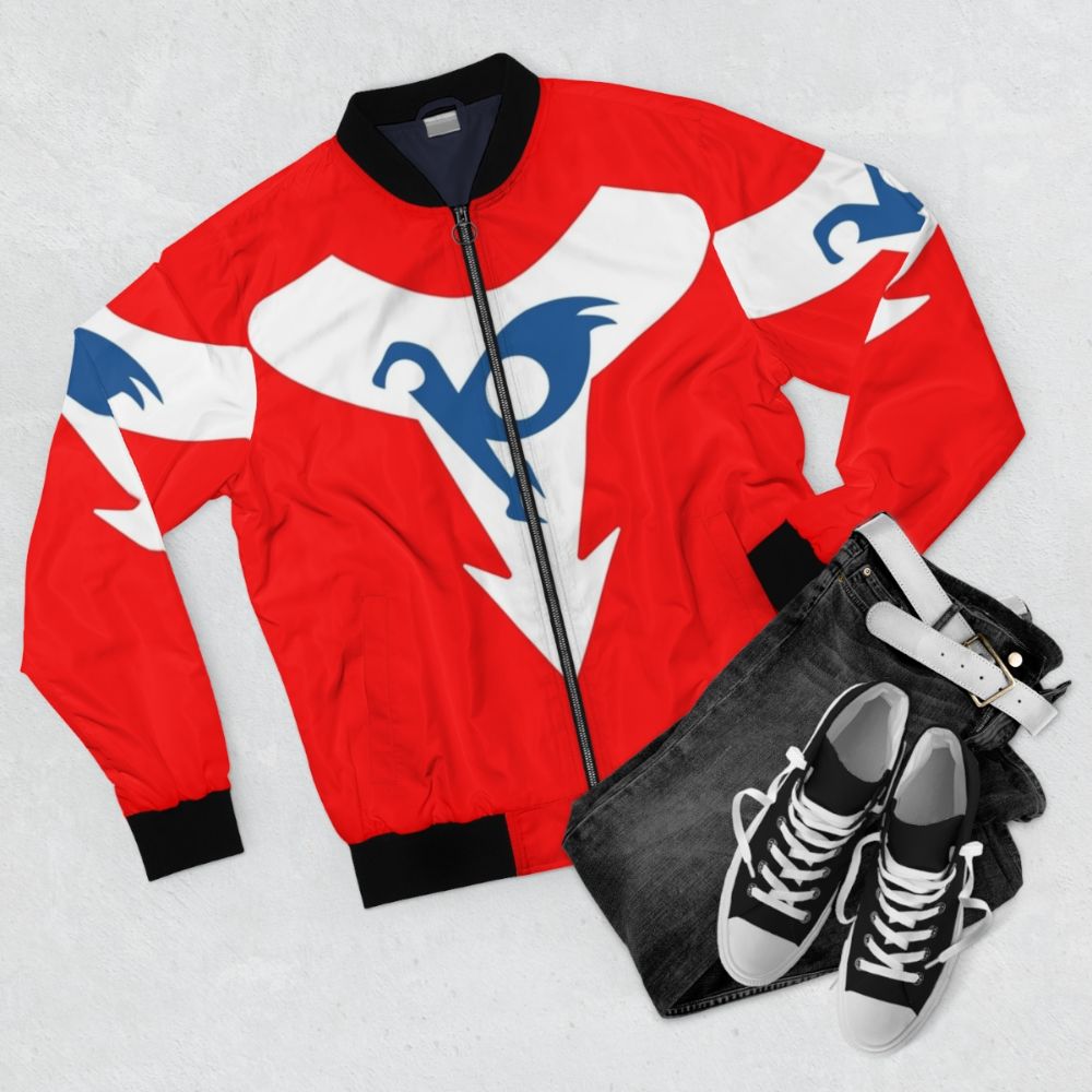 A stylish bomber jacket featuring the iconic Hurricane Polimar anime character in a retro, 80s inspired design. - Flat lay