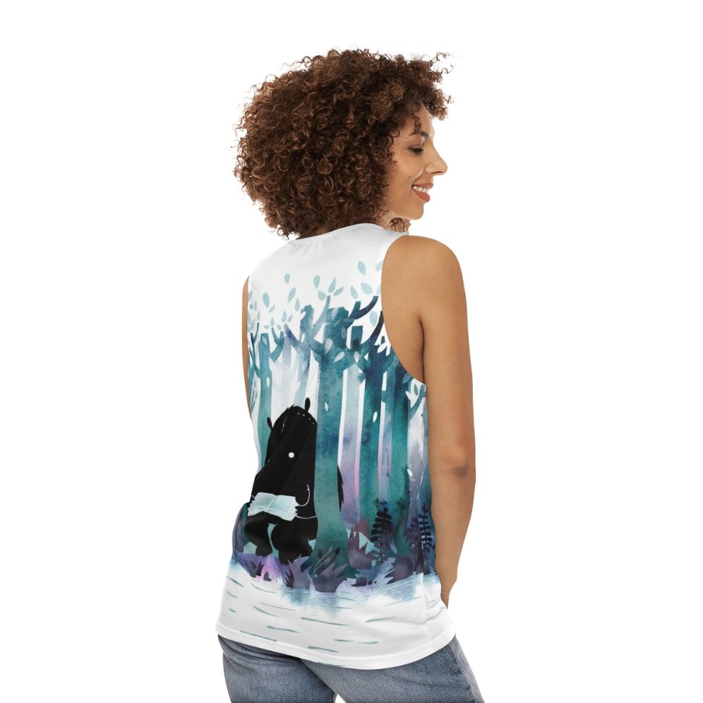 Watercolor unisex tank top with nature and book theme - women back