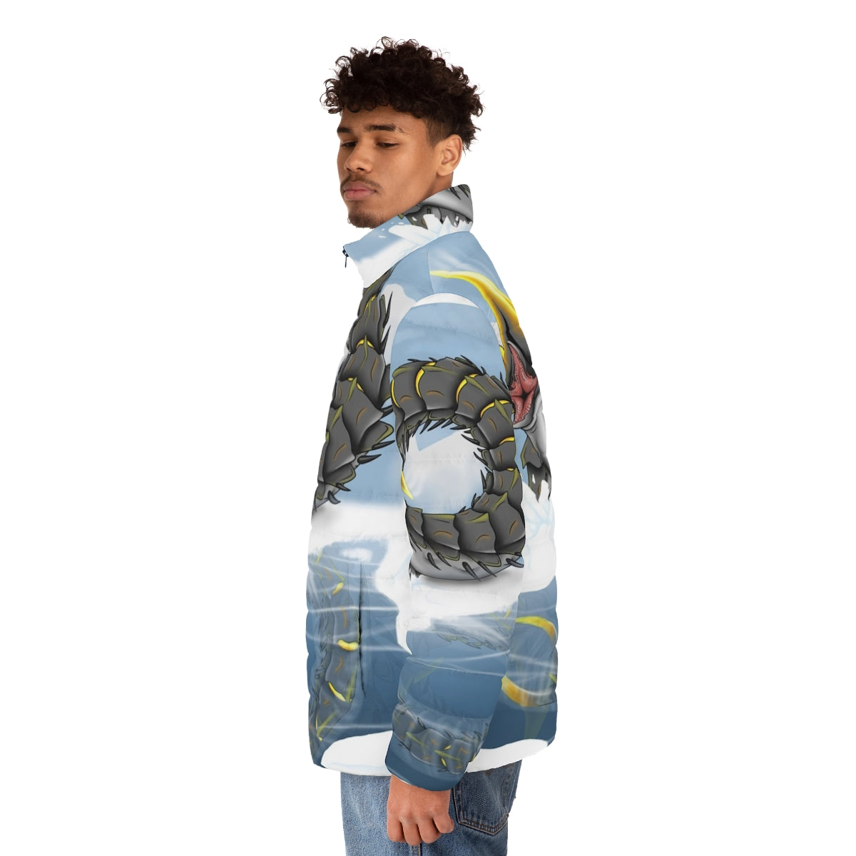 Subnautica inspired puffer jacket featuring an ice worm design - men side left