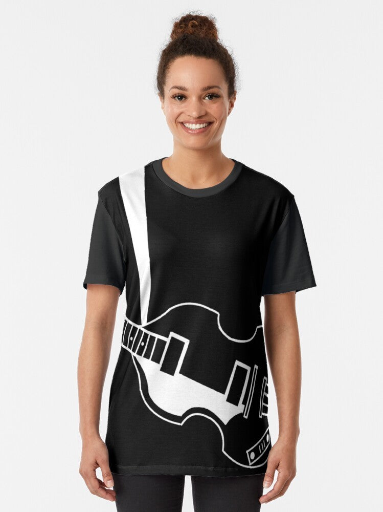 Vintage-style t-shirt featuring a graphic design of a violin bass guitar, a nod to the iconic Hofner bass played by The Beatles' Paul McCartney. - Women