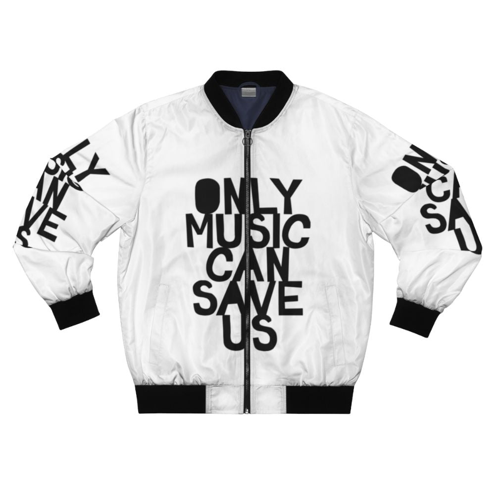 Bomber jacket with hand-drawn "Only Music Can Save Us!" typography and music-inspired design.