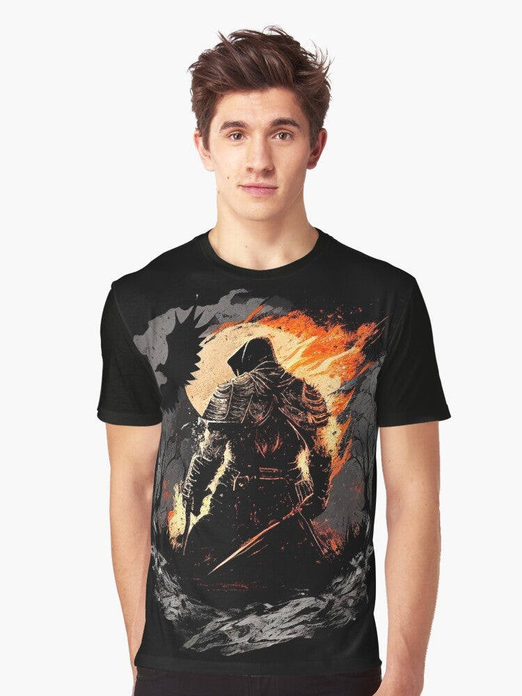 Dark Souls Melancholy Graphic T-Shirt featuring a melancholic design with elements from the Soulsborne series by FromSoftware. - Men