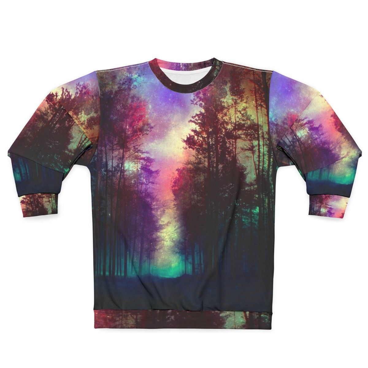 Magical forest sweatshirt featuring a scenic landscape design