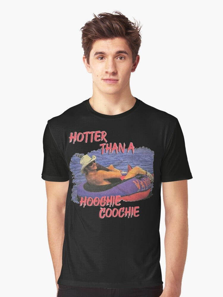 Country music graphic t-shirt featuring the text "Hotter Than A Hoochie Coochie" with a design inspired by Alan Jackson and Denise Jackson. - Men