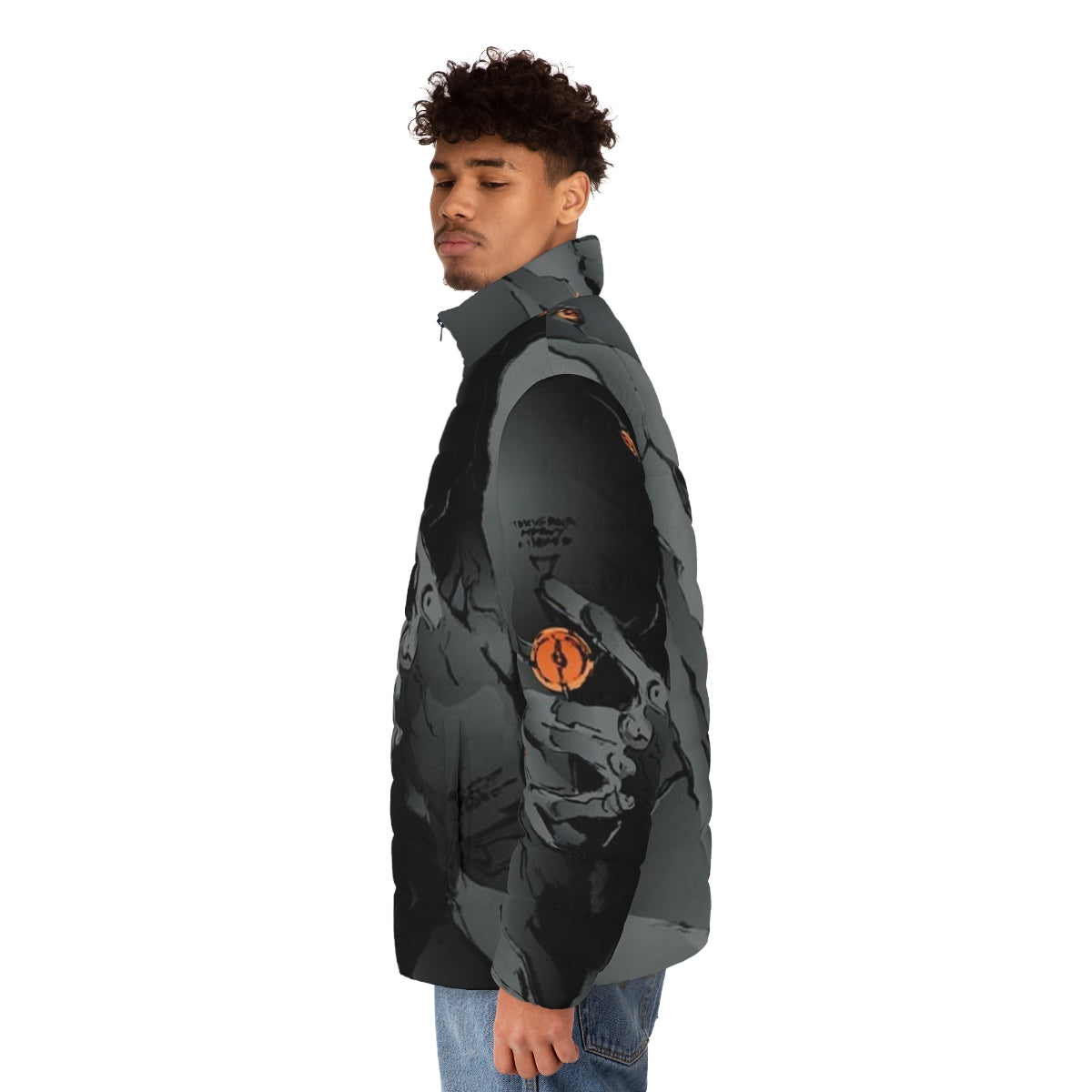 Gray fox puffer jacket with metal gear and gaming design - men side left