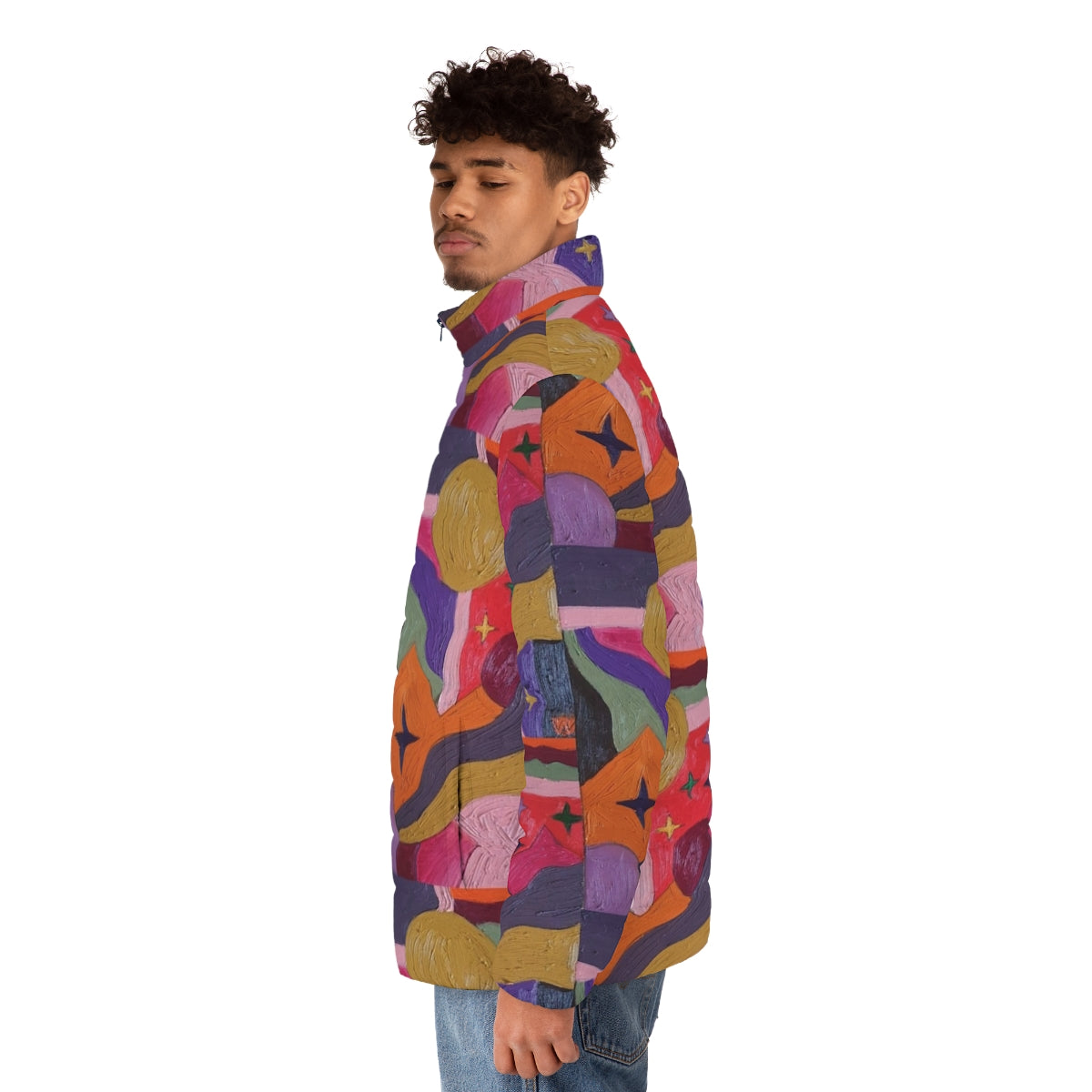 A vibrant and colorful puffer jacket featuring abstract geometric shapes and patterns - men side left