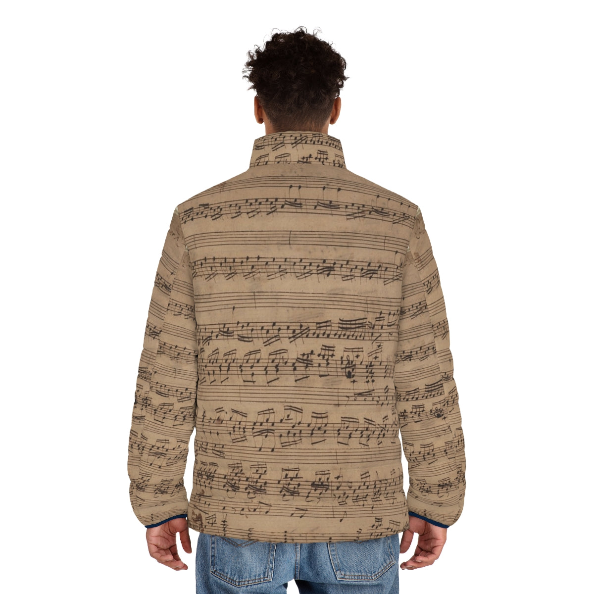 Puffer jacket featuring a musical score design with Bach's Baroque Praeludium notes - men back