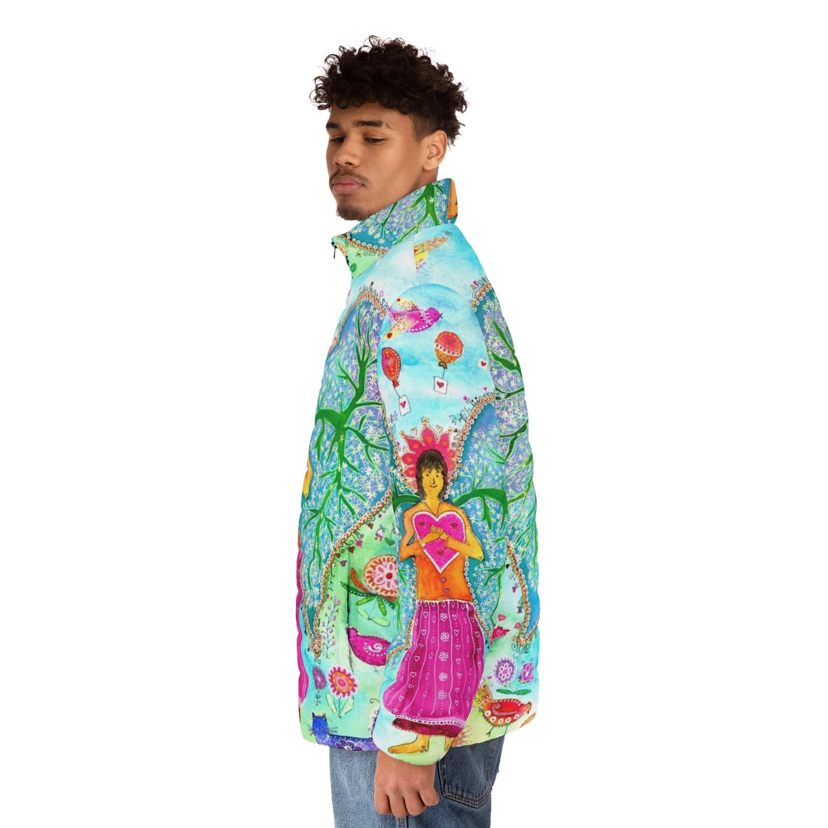 An angel-themed puffer jacket with a design featuring lungs, wings, and nature elements. - men side left