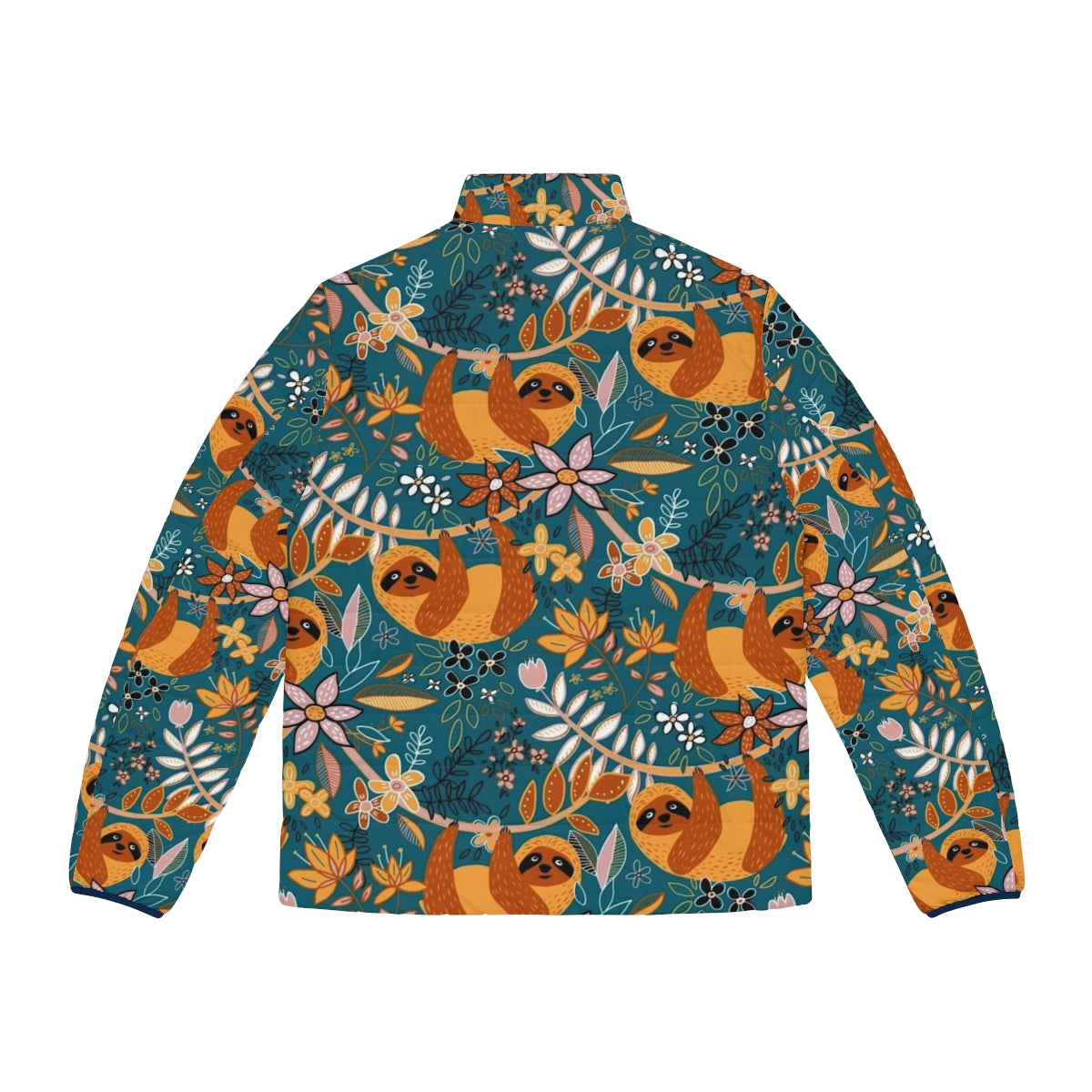 Boho Sloth Floral Puffer Jacket with a happy sloth and floral pattern in teal, orange, brown and blush colors - Back