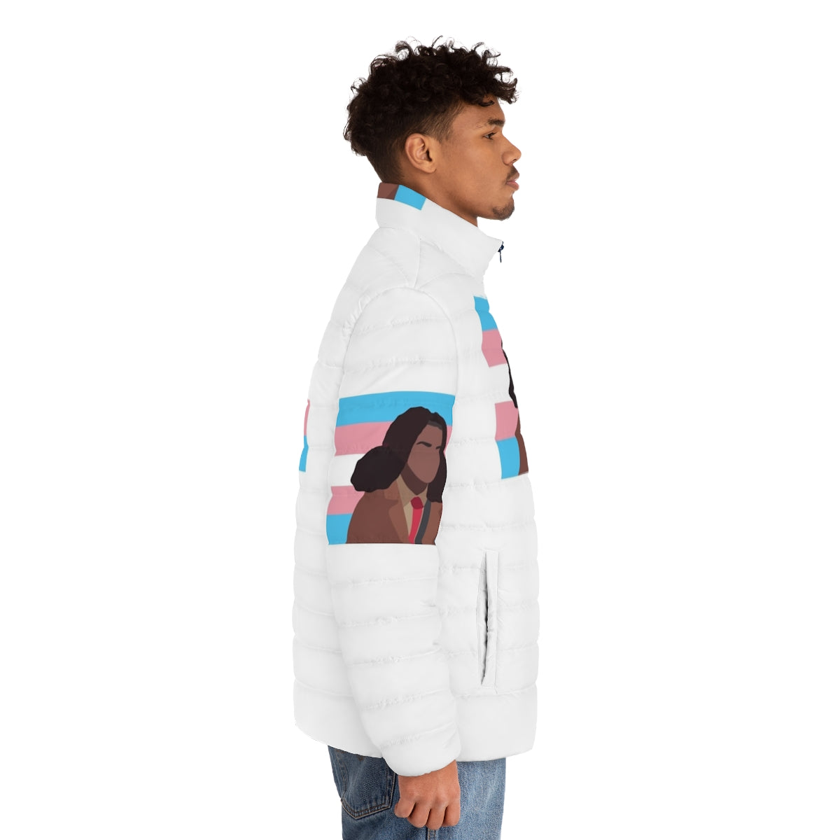 Elle Argent Trans Flag Puffer Jacket, Heartstopper Inspired LGBTQ+ Fashion - men side right