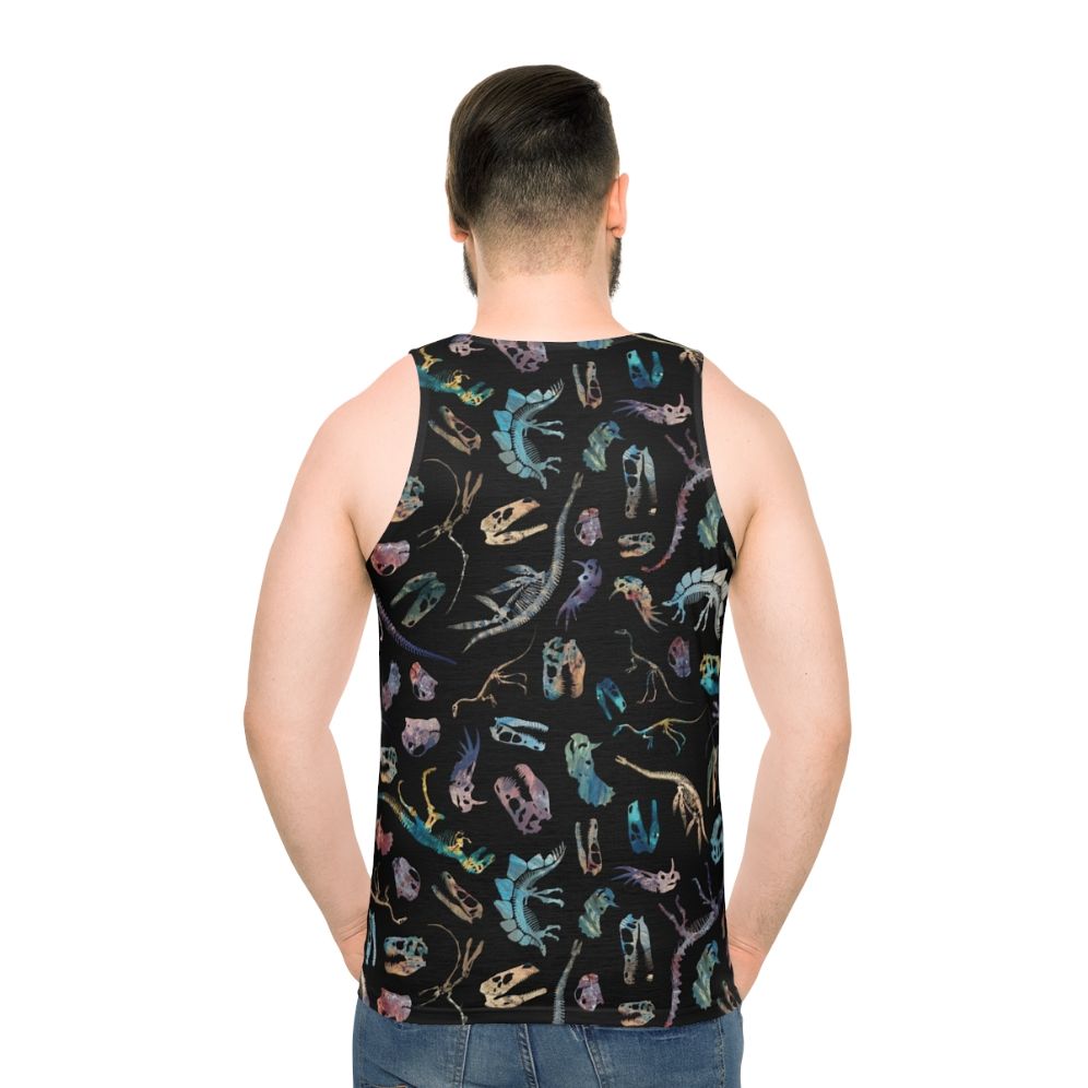 Minimalist dinosaur fossil graphic on a dark unisex tank top - men back