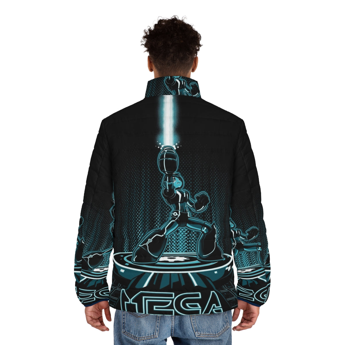 Mega 80s puffer jacket with video game and movie inspired design - men back