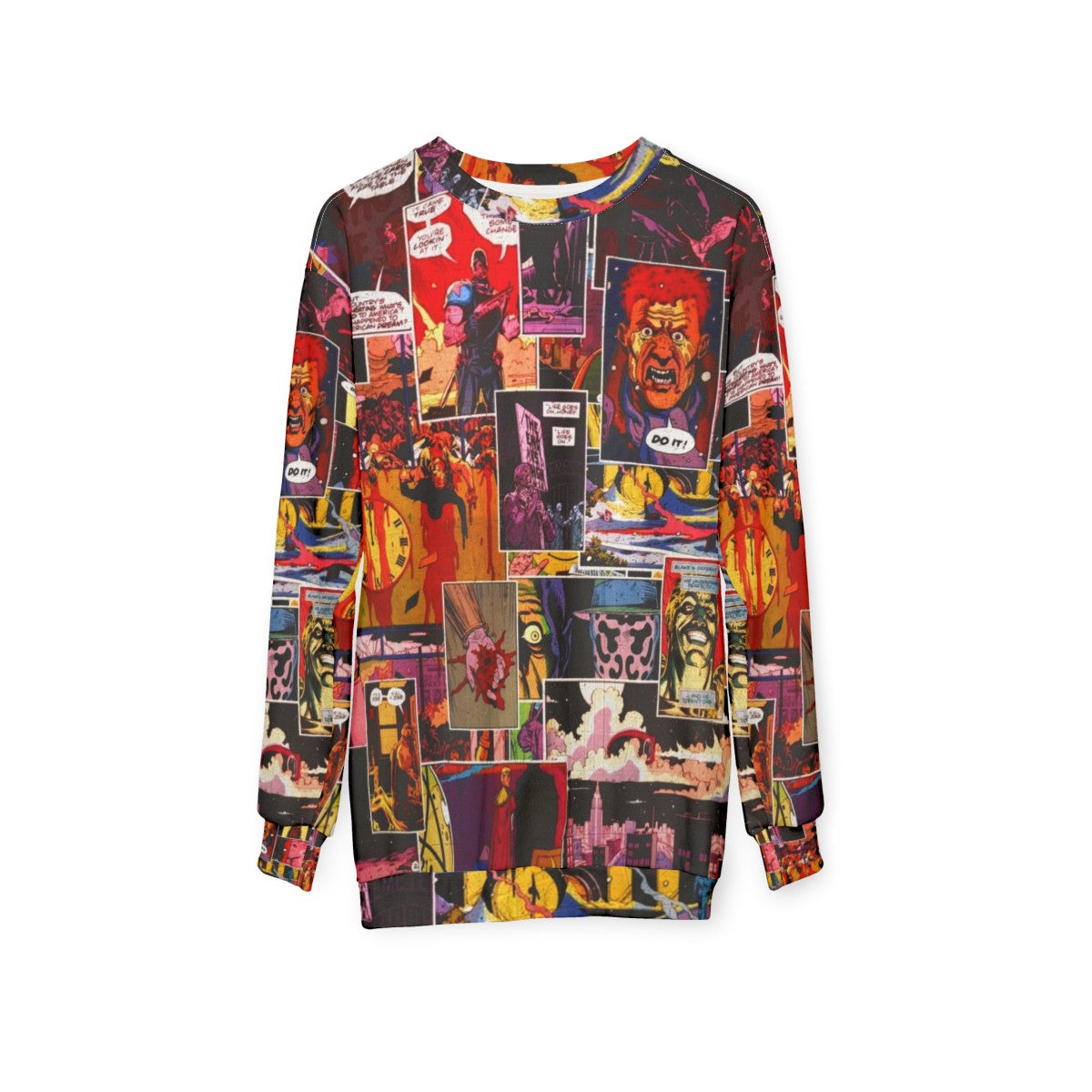 Watchmen comic book inspired sweatshirt with collage of characters - hanging