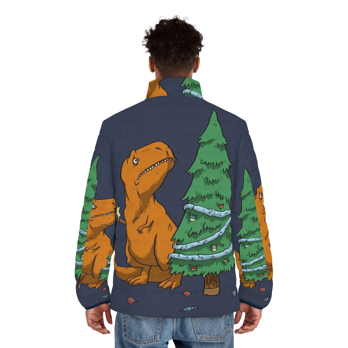 A funny puffer jacket with a t-rex design, perfect for kids during the holiday season. - men back