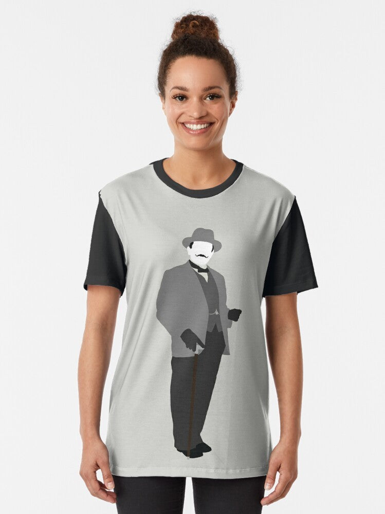 Graphic t-shirt featuring the iconic detective Hercule Poirot from the crime thriller genre - Women