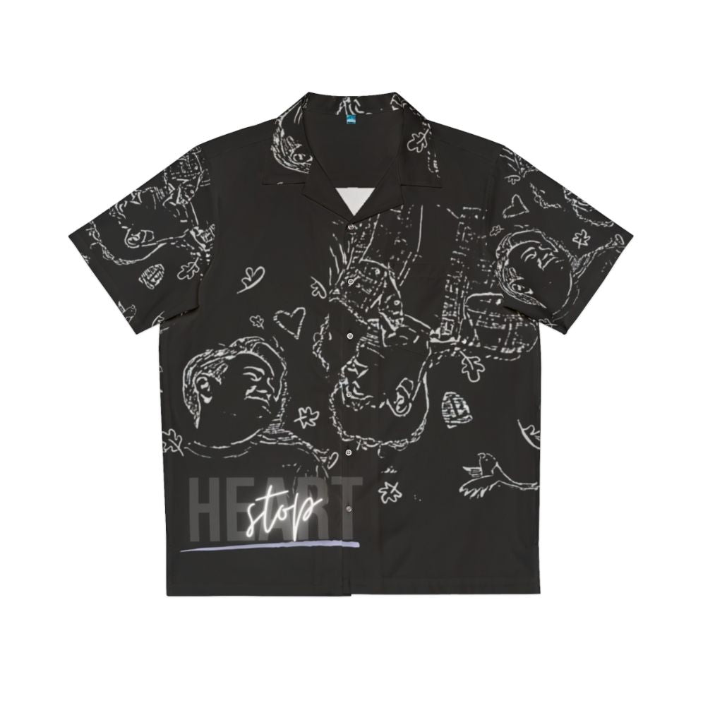 "Heartstopper-themed Hawaiian shirt with rainbow and floral designs"