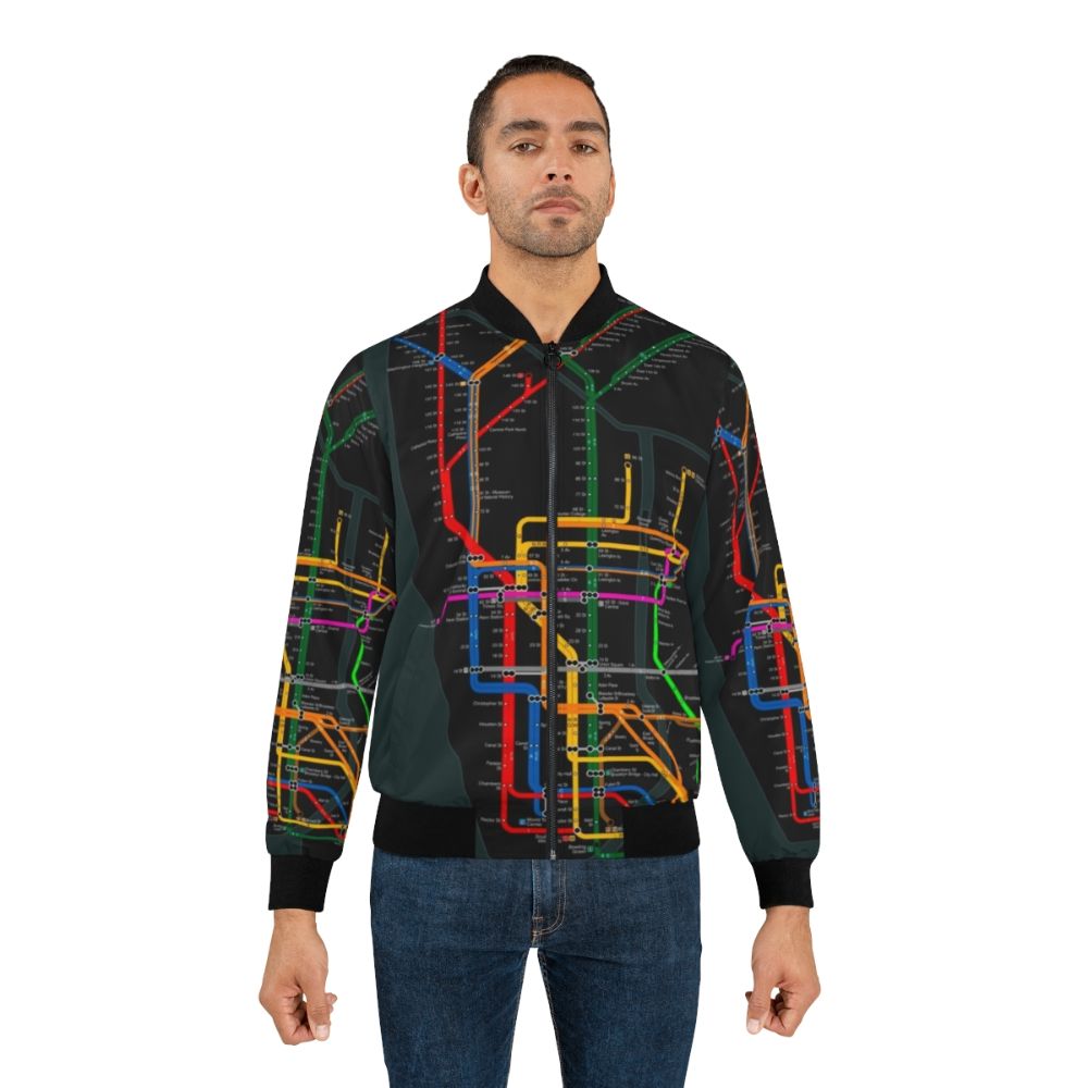 NYC Subway Map Bomber Jacket featuring the iconic metro system map - Lifestyle