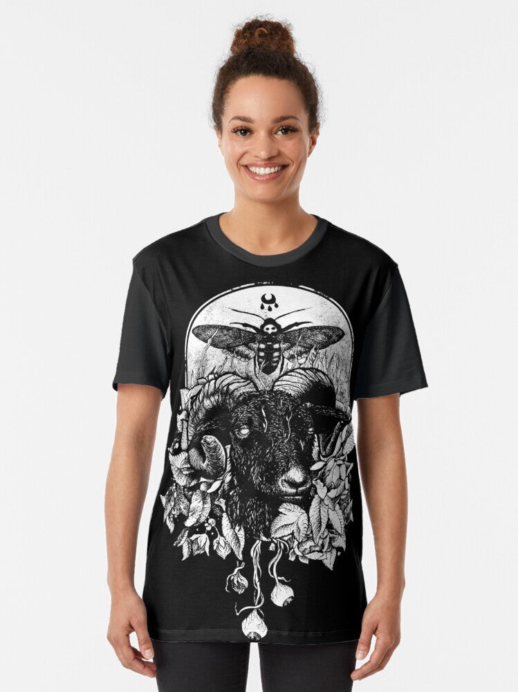 A gothic, dark, occult metal graphic t-shirt with a goat, witch, and other dark elements. - Women