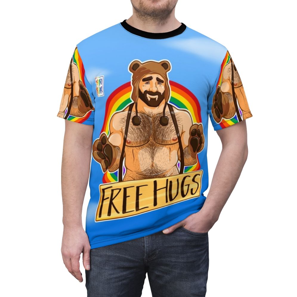 Vibrant graphic t-shirt featuring the text "Adam Likes Hugs" in a rainbow design for gay pride. - men front