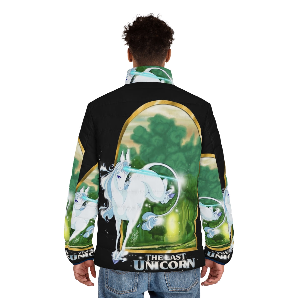 "The Last Unicorn" themed puffer jacket featuring a unicorn design - men back