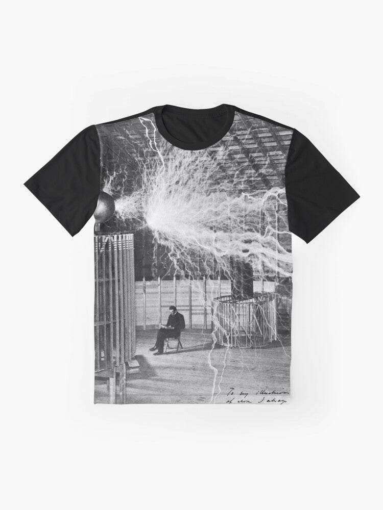 Nikola Tesla Lightning Graphic T-Shirt featuring an illustration of tesla coil and lightning bolt - Flat lay