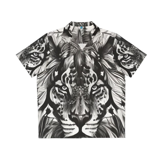 Colorful Hawaiian shirt featuring a detailed lion portrait illustration