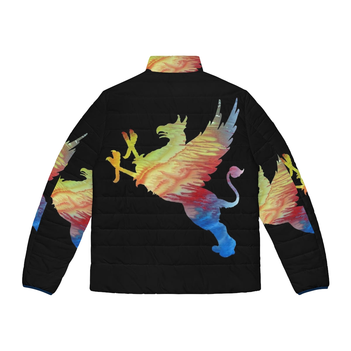 Gryphon Puffer Jacket with abstract watercolor painting of a legendary mythological creature - Back