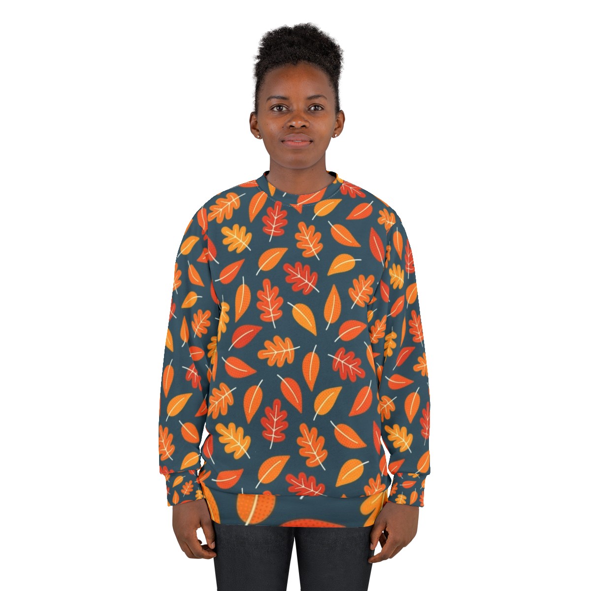 Retro autumn leaves on indigo blue sweatshirt - women