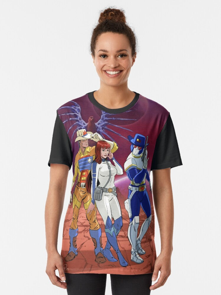 Sci-Fi Graphic T-Shirt featuring a trio of futuristic space-themed designs - Women