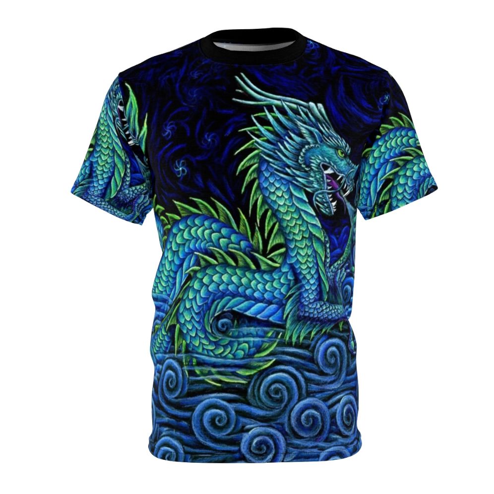 Vibrant and psychedelic t-shirt design featuring a majestic Chinese azure dragon in shades of blue, teal, and aqua against a backdrop of mist and the night sky.