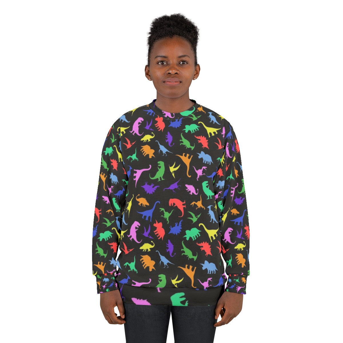 Black sweatshirt with a fun dinosaur pattern design - women