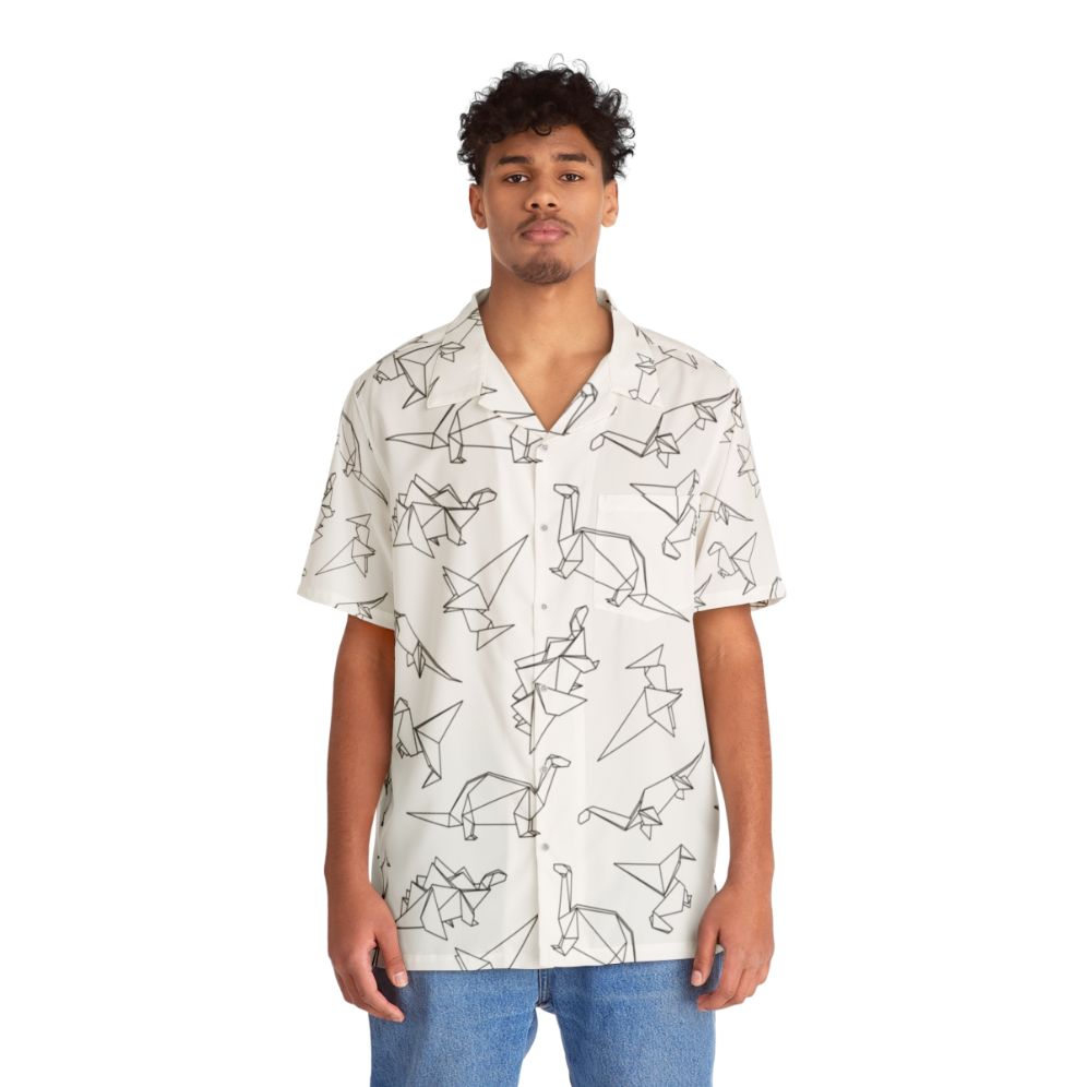 Origami Dinosaur Hawaiian Shirt with Minimalist Geometric Pattern - People Front