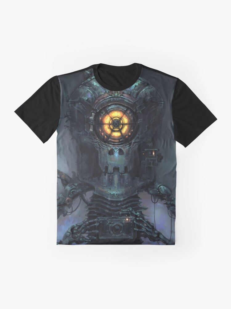 Inscryption graphic t-shirt featuring a Shutterbug design with a robotic, cyclops-like character and sci-fi elements. - Flat lay