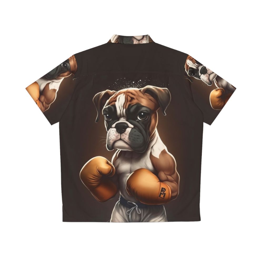 Boxer dog wearing a Hawaiian boxing-inspired shirt - Back