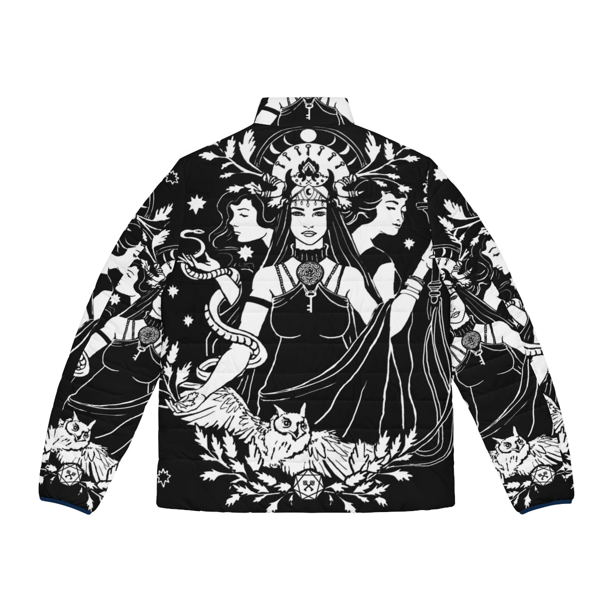 Hekate Triple Goddess puffer jacket featuring a bold and mystical design - Back