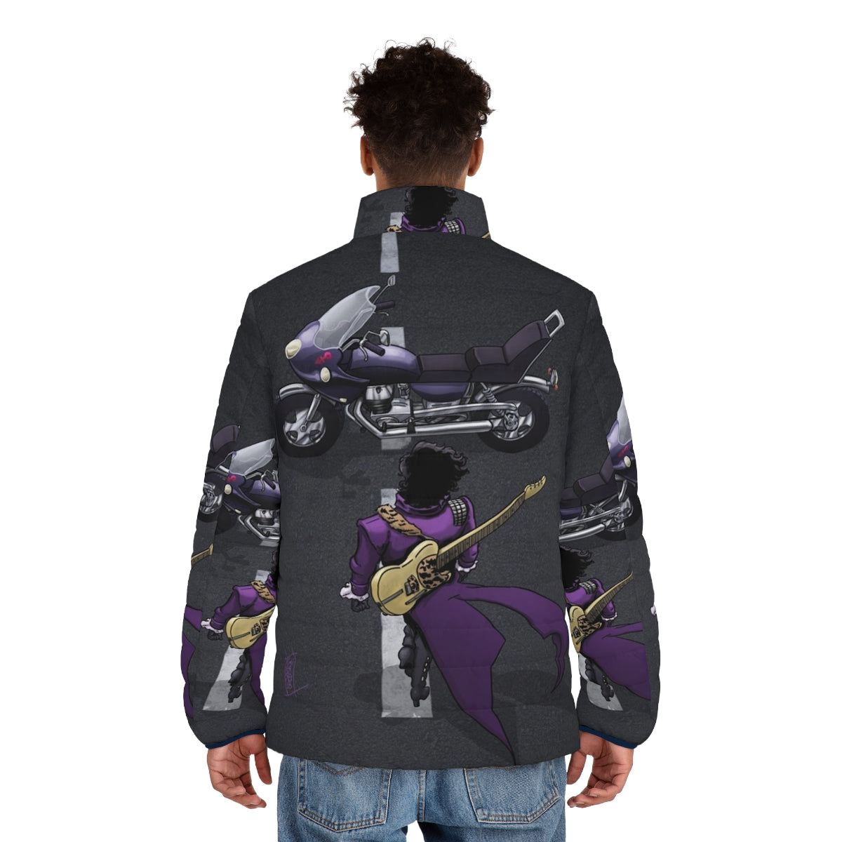 Anime-inspired purple puffer jacket with paisley print and musical instrument graphics - men back